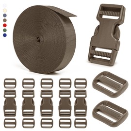 BEYOURD Buckle and Strap Set, 10 Yards Polyester Webbing Strap with 6 Dual Adjustable Side Release Plastic Buckles, 12 Pcs Tri-Glide Slider Clips for Tactical Gear (Everyday Series 1 Inch, Coyote Tan)