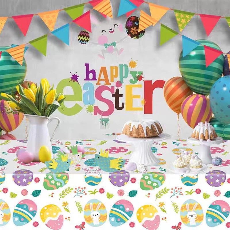 Easter Tablecloth,Easter Table Decorations,Easter Party Tablecloth,Colourful Egg Cartoon Table Cover,Disposable