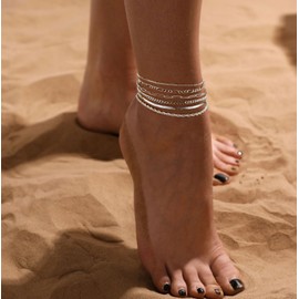 Tasiso Ankle Bracelets for Women，Silver Layered Waterproof Anklet for Women Sterling Silver Anklets Set Layered Cuban Link Herringbone Anklets Summer Beach Jewelry for Women