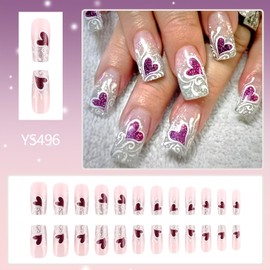 Valentine's Day Press on Nails Medium Square Fake Nails With Purple Heart Designs Valentines Day Glitter False Nails Full Cover Stick on Nails Acrylic Romantic Artificial Nails for Women 24 Pcs