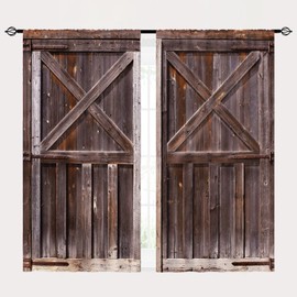 YUANZU Rustic Barn Door Curtains W52 x L84 Inch Rod Pocket Farm Retro Woods Vintage Wooden Village Farmhouse Western Country Print Pattern Window Drapes for Cafe Living Room Bedroom Closet 2 Panels