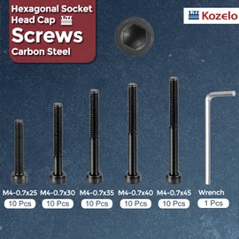 Kozelo 50pcs M4 Socket Head Cap Screws Bolts Nuts Assortment Kit - [M4x25/30/35/40/45mm] Alloy Steel Fully Threaded Black Oxide 12.9 Internal Hex Screw for 3D Printer Use, with Wrench
