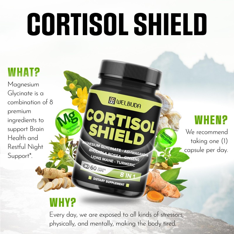 WELBUDA 8in1 Cortisol Shield - Ashwagandha and Magnesium, Rhodiola Rosea,