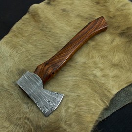 Nesmo - 011 Damascus Steel Viking Axe with Rose Wood Shaft, Mini Axe with Leather Sheath, Viking Bearded Camping Axe, Best Birthday for Him Mini Axe with Leather Sheath