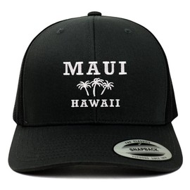 Trendy Apparel Shop Maui Hawaii with Palm Tree Embroidered Retro Trucker Mesh Cap - Black