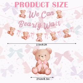 Whaline 8.2Ft Bear Banner Pink Bow Glitter We Can Bearly Wait Pre-Strung Garland Bear Baby Shower Party Decorations Coquette Bowknot Bear Hanging Ornament for Girl Birthday Gender Reveal Party, 3Pcs