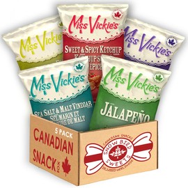 Over 2lbs of Miss Vickies Chips (5ct) variety pack - Imported From Canada | Ketchup, Jalapeno, Dill Pickle, Sea Salt, and BBQ | Canadian Gift - by Snowbird Sweets