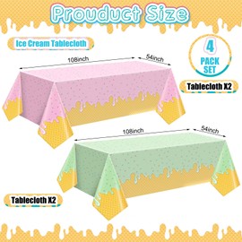Oudain 4 Pack Ice Cream Party Decorations Tablecloths 54" x 108" Disposable Plastic Rectangle Table Covers for Birthday, Donut Themed Decorations, Sweet One Party, Indoor & Outdoor Use (Green, Pink)