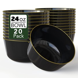 Trendables Plastic Bowls Disposable Bowls 24 Oz Bowl Set Of 20 Black Gold Rimmed Fancy Plastic Serving Dishes Perfect for Parties and Events Disposable Candy Bowl