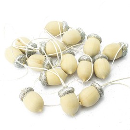 Gisela Graham 18 Wood and Glitter Acorn Hanging Tree Decoration Ornament - Silver