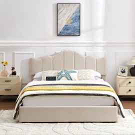Vecelo Bed Frame Full Queen Size with USB Ports Charging Platform Upholstered Headboard - Full, Beige