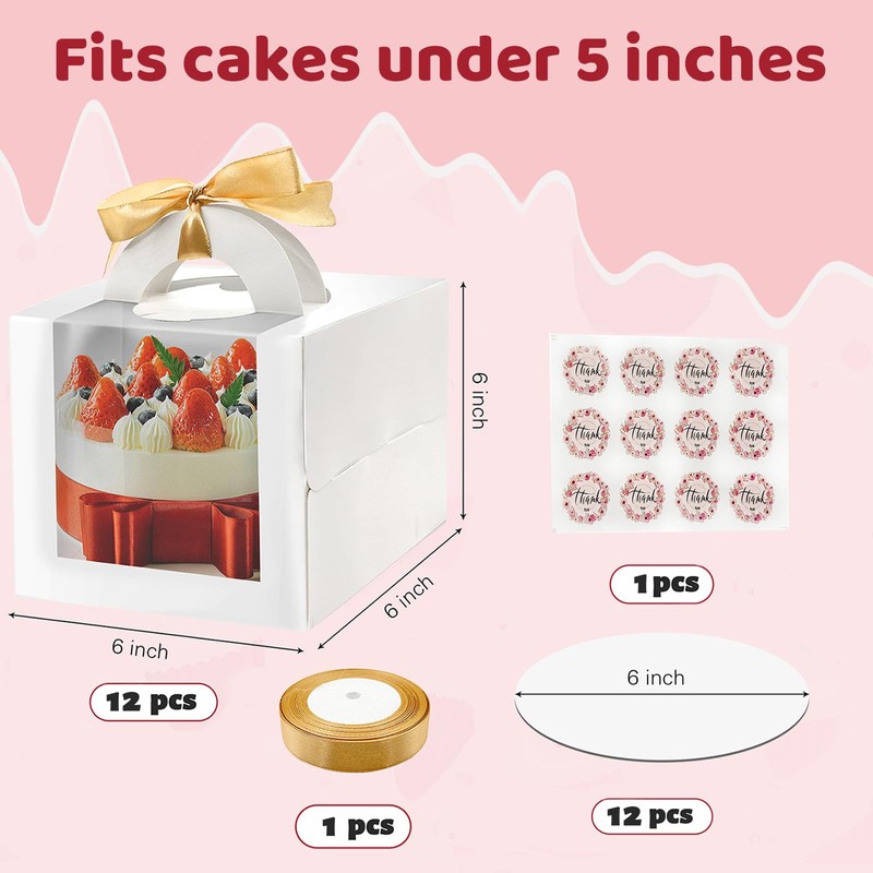 Savveffort 12 Set 6x6x6 Inches Cake Boxes with Boards-（12 Boxes
