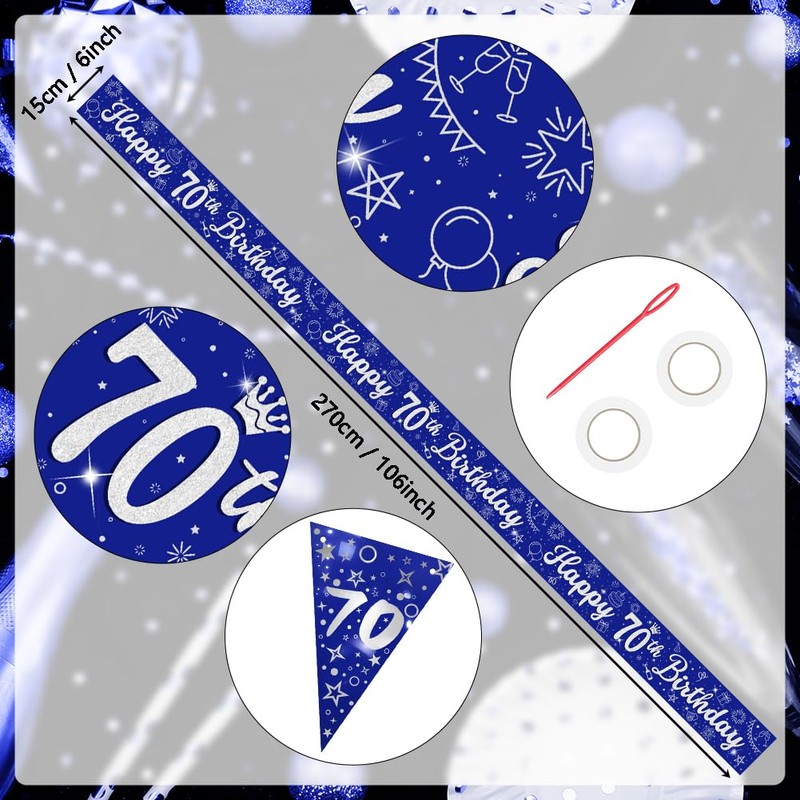 Mens 70th Birthday Decorations - Blue, Silver & Navy Happy