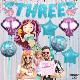KatchOn, Big Mermaid Birthday Decorations - Pack of 8 | Mermaid 3rd Birthday Decorations | Mermaid Balloons for 3rd Birthday | Mermaid Party Decorations | Little Girls 3rd Birthday Party Decorations