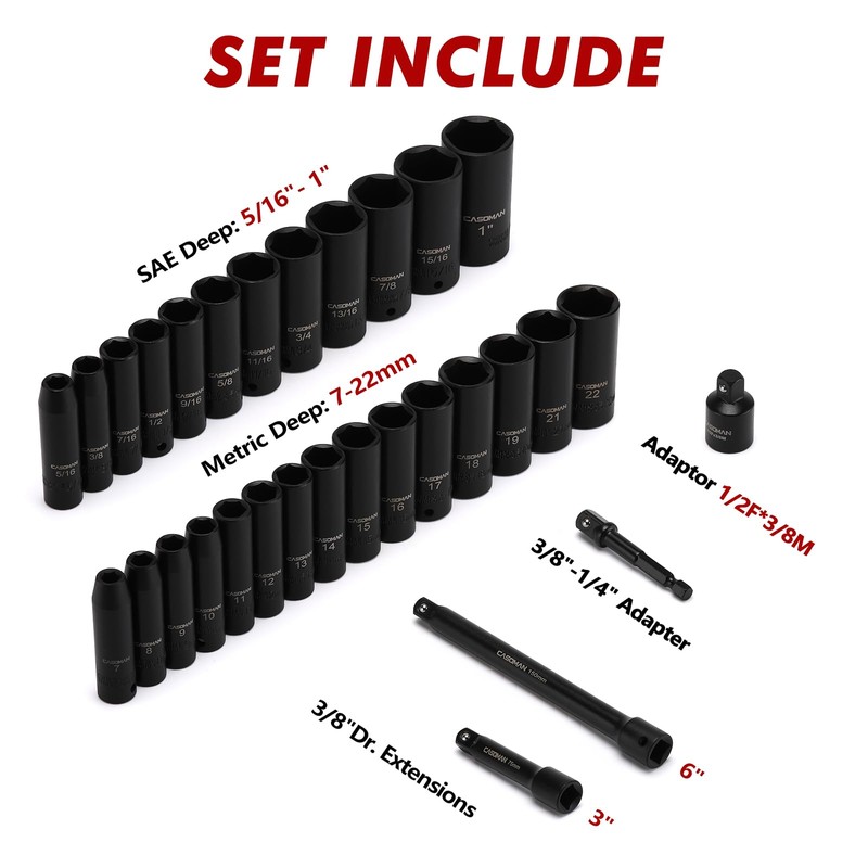 CASOMAN 3/8-Inch Deep Impact Socket Set, Metric & SAE, 31Piece