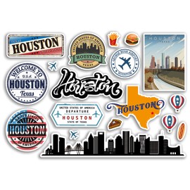 A5 Sticker Sheet Houston Landmarks Vinyl Stickers - Texas America States USA American Airport Stamps Skyline Flag Map Travel Holiday Scrapbooking City Luggage #79157