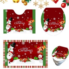 BRTNUP 3pc Toilet Seat Cover & Rug Bathroom Set, Christmas Santa Claus and Snowman Toilet Seat Cover, Red & Green (Red)