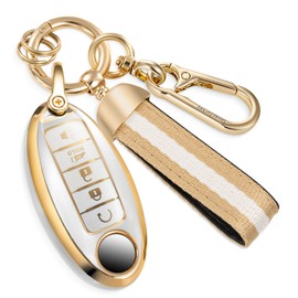 Coverforkey for Nissan Key Fob Cover with Nylon Webbing Keychain, Fashionable Matte Metallic Soft Case for for Murano Pathfinder Rogue Titan Versa Infiniti (5 Button) Key (Rose Gold, A3), Rose Gold