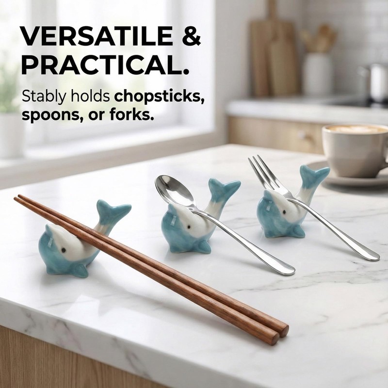 6 Pack Chopstick Rests Ceramic - Cute Dolphin Design, Kitchen