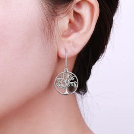 YL Tree of Life Earrings 925 Sterling Silver Simulated Emerald/3A Cubic Zirconia Family Tree Dangle Earrings, Sterling Silver, Cubic Zirconia