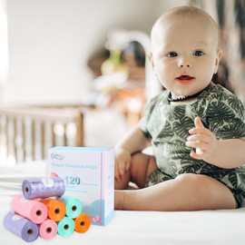 Diaper Bags Disposable for Baby, 8 Refill Rolls/120 Bags Dirty Disposable Diaper Bags with Dispenser, Convenient and Quick Diaper Disposal, Poop Bags,Rainbow