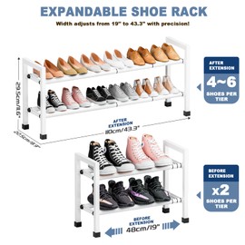 Mavivegue Expandable Shoe Rack, 2-Tier 19"-43.3" Adjustable Shoe Rack for Closet,Hall Entryway,Front Door,Garage, Sturdy Steel Space-Saving Rack, White​