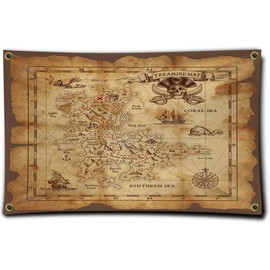 Pirate Treasure Map Background Banner Flag 3X5Ft -Four Brass Grommets for Easy Display-100D Silk Outdoor Indoor Island tapestry House Decoration Yard Garden Gift