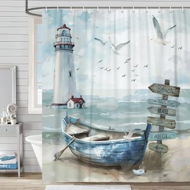 Uokiuki Nautical Coastal Shower Curtain, Ocean Beach Lighthouse Shower Curtain Set, Seasides Sailboat Coastal Blue Teal Decor Shower Curtain for Bathroom with Hook 70X70IN