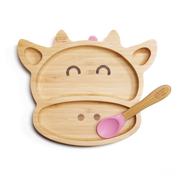 Moon and Moo Cow Bamboo Suction Plate and Spoon Set for Kids, Toddlers and Baby Weaning - Non-Toxic – Plastic Free - Stay Put - Baby Suction Plate - Baby Weaning Set
