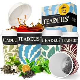TEADEUS Organic Tea in a Cup Sampler - 16 Eco-Friendly and Convenient Cups to Go with Tea, Enjoy Hot or Iced, Tea Gift Assortment- Earl Grey, Peppermint, Jasmine, English Breakfast