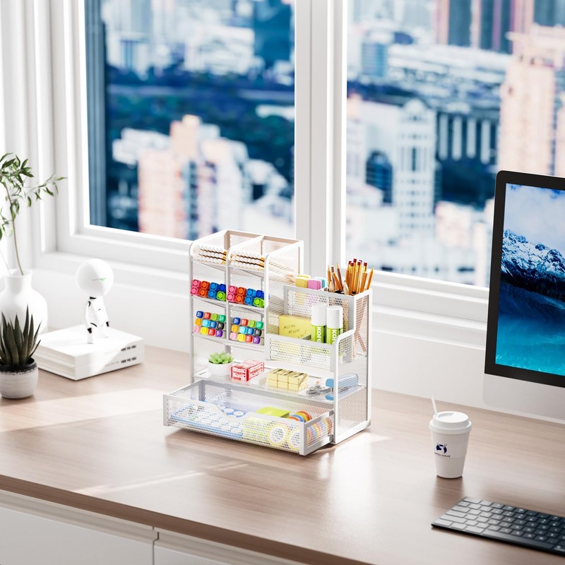Marbrasse Mesh Desk Organiser,Stationary Organiser,Multifunctional Pen Holder,Desktop Storage and Drawer