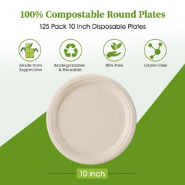 ECOLipak 100% Compostable 10 inch Paper Plates, 125 Pack Heavy Duty Paper Plates, Disposable Biodegradable Eco-friendly Sugarcane Bagasse Plates for Dinner Party