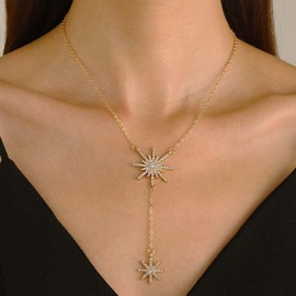 Cz Star Lariat Necklace Wedding Y Drop Necklace Sunburst Y Necklace Gold Y Shaped Necklace Starburst Pendant Long Necklace Bridal Back Necklace Y Chain Rhinestones Necklace Jewelry for Women and Girls