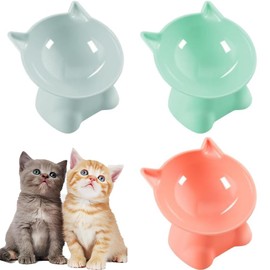 Roysmart Pack of 3 Cat Feeding Bowl, Cat Bowl, Raised Feeding Bowl Cat with 15° Tilt Design, Anti Vomiting Feeding Bowl Cat Water Feeding Bowl for Cats (Pink, Grey and Green)