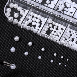 12 Grids Nail Pearls, White Flatback 3D Pearl Charms, Half Round Nail Art Beads Mini Luxurious Pearl Accessories for Manicure, Acrylic Nails, DIY Design, Crafting, Nails Tips Decor (2 Styles, 6 Sizes)