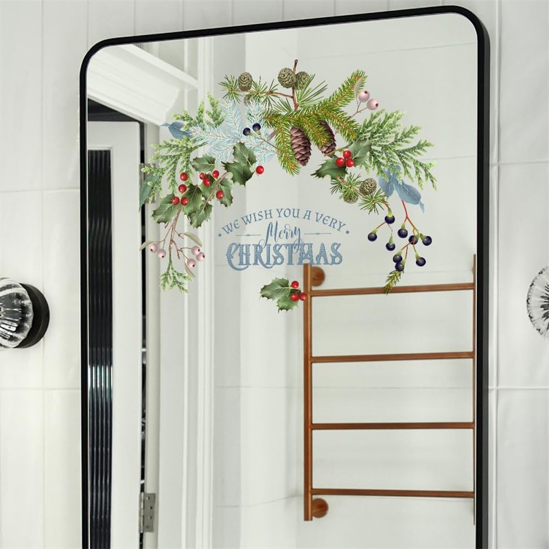 Condessacity Christmas Wall Stickers, Fruit Branches Pine Cone Static Glass