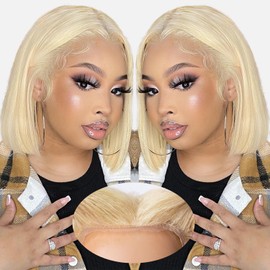 EAGERA Blonde Bob Glueless Wig Human Hair Pre Plucked Pre Cut 18 Inch 7x5 Blonde HD Lace Closure Wig 613 Pre Bleached Wear and Go Wig Short 613 Bob Glueless Wig Human Hair 200% Density for Women