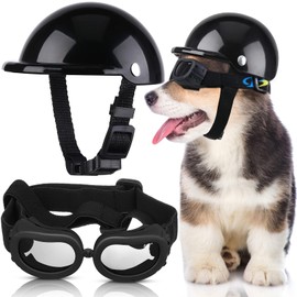 Frienda Dog Helmet and Goggles, UV Protection Doggy Sunglasses and 4 Inch Padded Puppy Motorcycle Helmet Adorable Dog Goggles with Adjustable Belt for Small Dogs Puppy Riding(Black,S)