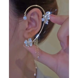 Jumwrit Rhinestone Butterfly Ear Cuffs Tassel Chain Dangle Earrings Non Piercing Flower Ear Cuffs Wrap Climber Crawler Boho Hollow Butterfly Earrings (Gold)