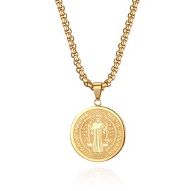 Flongo Saint Benedict Medal Necklace Gold Golden Silver St Benedict Medals Chain St Saint Necklace Stainless Steel Pendant Retro Medallion for Men and Women, Stainless Steel, Benedict,Saint