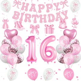 Pink Bow 16th Birthday Decorations Girl, Bow Coquette Birthday Decorations for Girl’s 16 Birthday, Girl Cute Bow Themed Happy Birthday Party Supplies with Pink Bow Balloons, Banner, Hanging Swirls