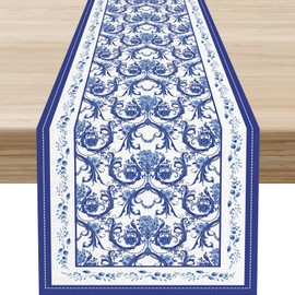 Camino de mesa floral azul, primavera, verano, clásico, bohemio, de temporada, flores silvestres, barrocos, azulejos azules, decoración de centro de mesa para el hogar, cocina, comedor, patio, fiesta