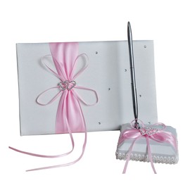 he andi 1 Wedding Guest Book + 1 Pen Set Decor Red Ribbon Bowknot, Double Heart Diamante Crystal Rhinestone Buckle (Purple)