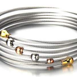 COOLSTEELANDBEYOND Elastic Adjustable Ladies Steel Twisted Cable Cuff Bangle Bracelet Elastic Multi-Lap Silver Gold Two-Tone