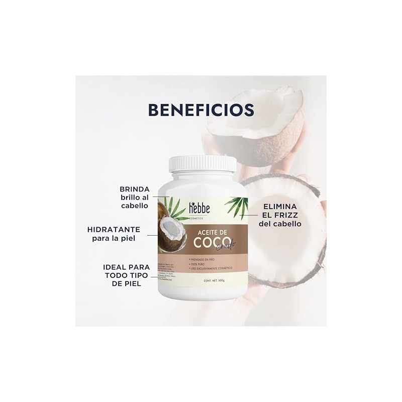 HEBBE - Aceite De Coco Para Uso Exclusivamente Cosmético 500