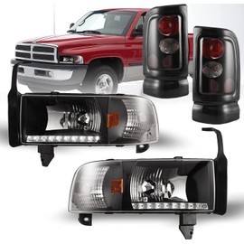 ROXX LED Replacement Headlight Assembly Compatible 1994-2001 Dodge Ram 1500 Pickup 2Pcs Clear Lens Headlights Assemblies + 2Pcs Smoke Lens Tail Light Replacement