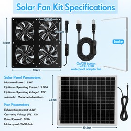 Solar Powered Fan 11.8" Greenhouse Exhaust Fan Solar 4 Fan Kit 25W Solar Panel Powered Exhaust Fan with Aluminum Bracket for Attic, Shed, Barn, Dog House, DIY Cooling Ventilation Project(2 Set)