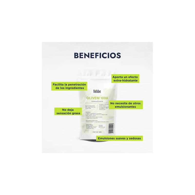 Hebbe Cosmetics Olivem 1000 Emulsionante Cosmtico 250g Libre de Parabenos