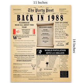 36th Birthday Party Decorations Poster - 36 Years Ago Anniversary Sign 11x14 In. Vintage Home Decor Supplies for Her or Him. Back In 1988 Historical Banner for Women or Men Turning 36 Years Old