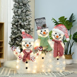 LuxenHome 30 Inch Snowman Family Christmas Outdoor Decorations, Flocked Snowman Family Christmas Decorations Outdoor and Indoor Holiday Display, Lighted Snowman Christmas Yard Decorations